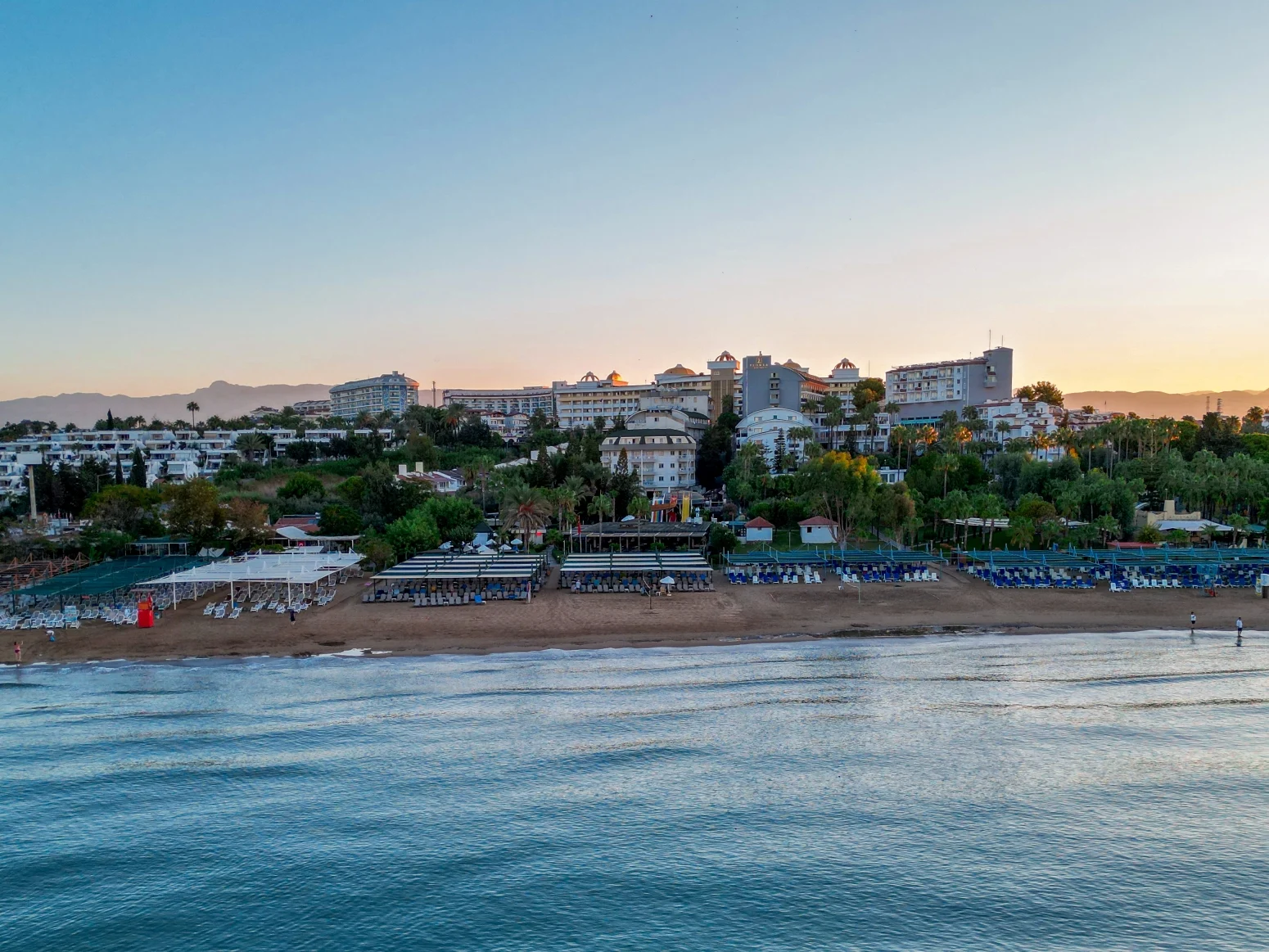 The coastline of Side, Antalya at sunset